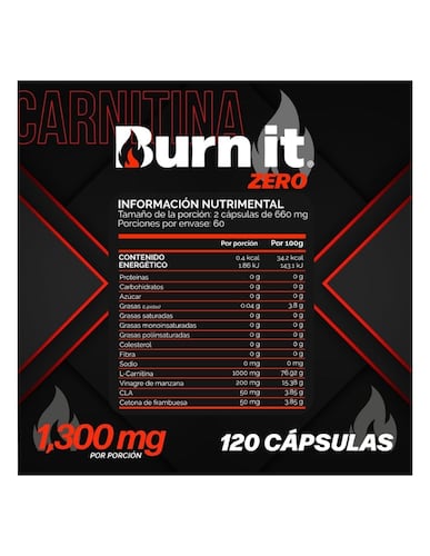 Burn It Zero Quemador Grasa Termogenico 4en1 1300mg: l Carnitina, Vinagre  Manzana, Cla, Cetonas frambuesa